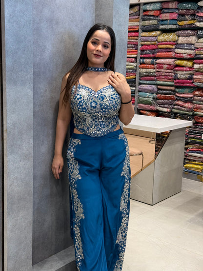 Teal Radiance Soft Silk Corset & Palazzo Set
