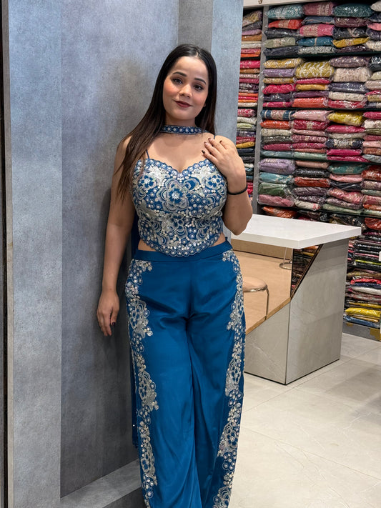 Teal Radiance Soft Silk Corset & Palazzo Set
