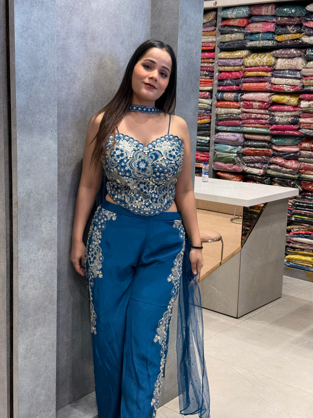 Teal Radiance Soft Silk Corset & Palazzo Set