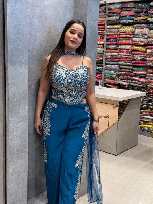 Teal Radiance Soft Silk Corset & Palazzo Set