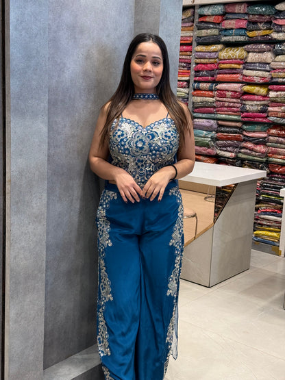 Teal Radiance Soft Silk Corset & Palazzo Set