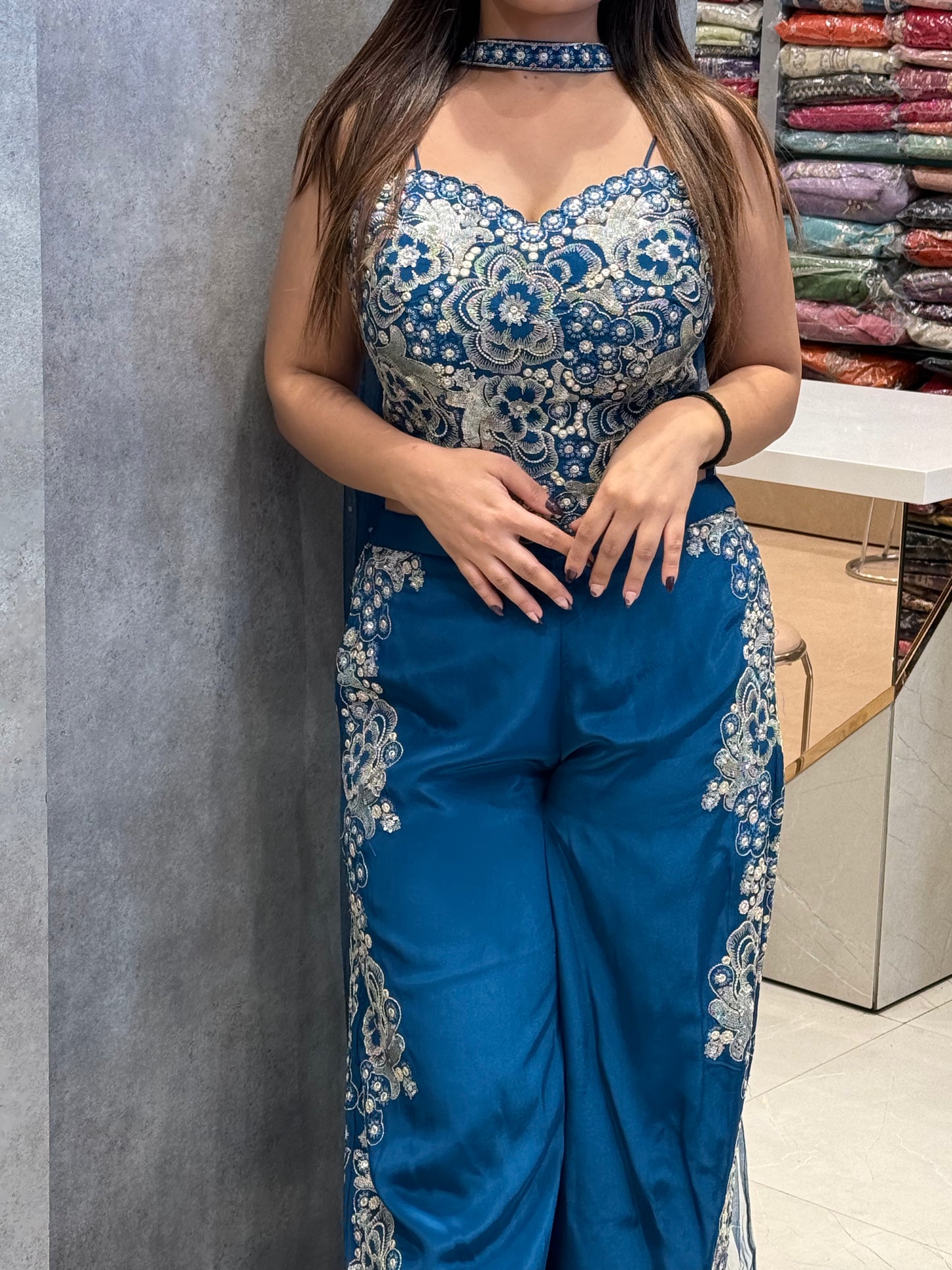 Teal Radiance Soft Silk Corset & Palazzo Set