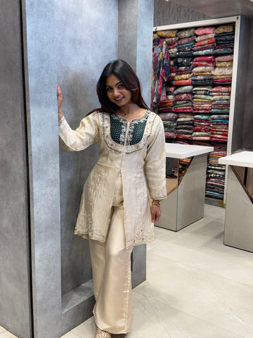 Emerald & Gold Silk Front-Slit Kurta Set
