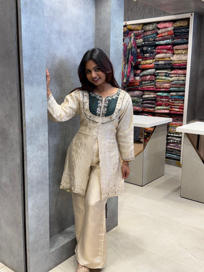 Emerald & Gold Silk Front-Slit Kurta Set