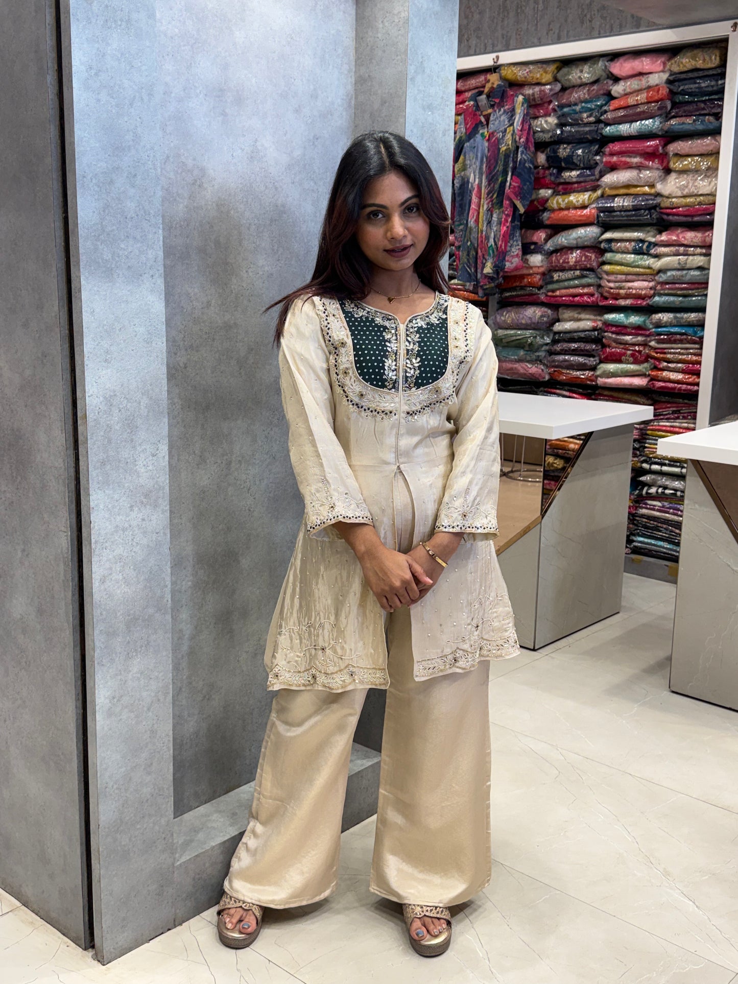 Emerald & Gold Silk Front-Slit Kurta Set