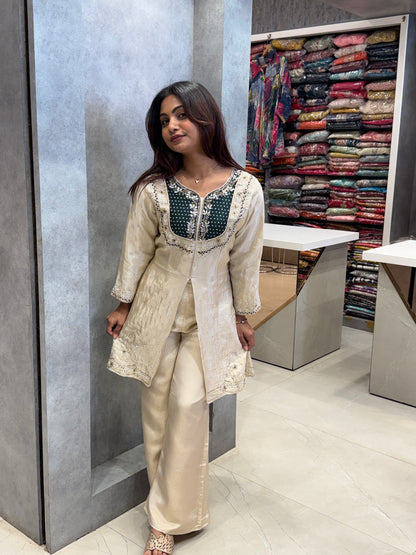 Emerald & Gold Silk Front-Slit Kurta Set