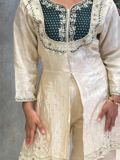 Emerald & Gold Silk Front-Slit Kurta Set
