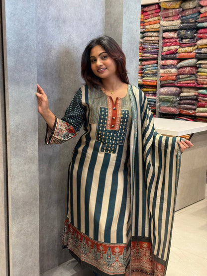 Teal Striped Muslin Suit Set