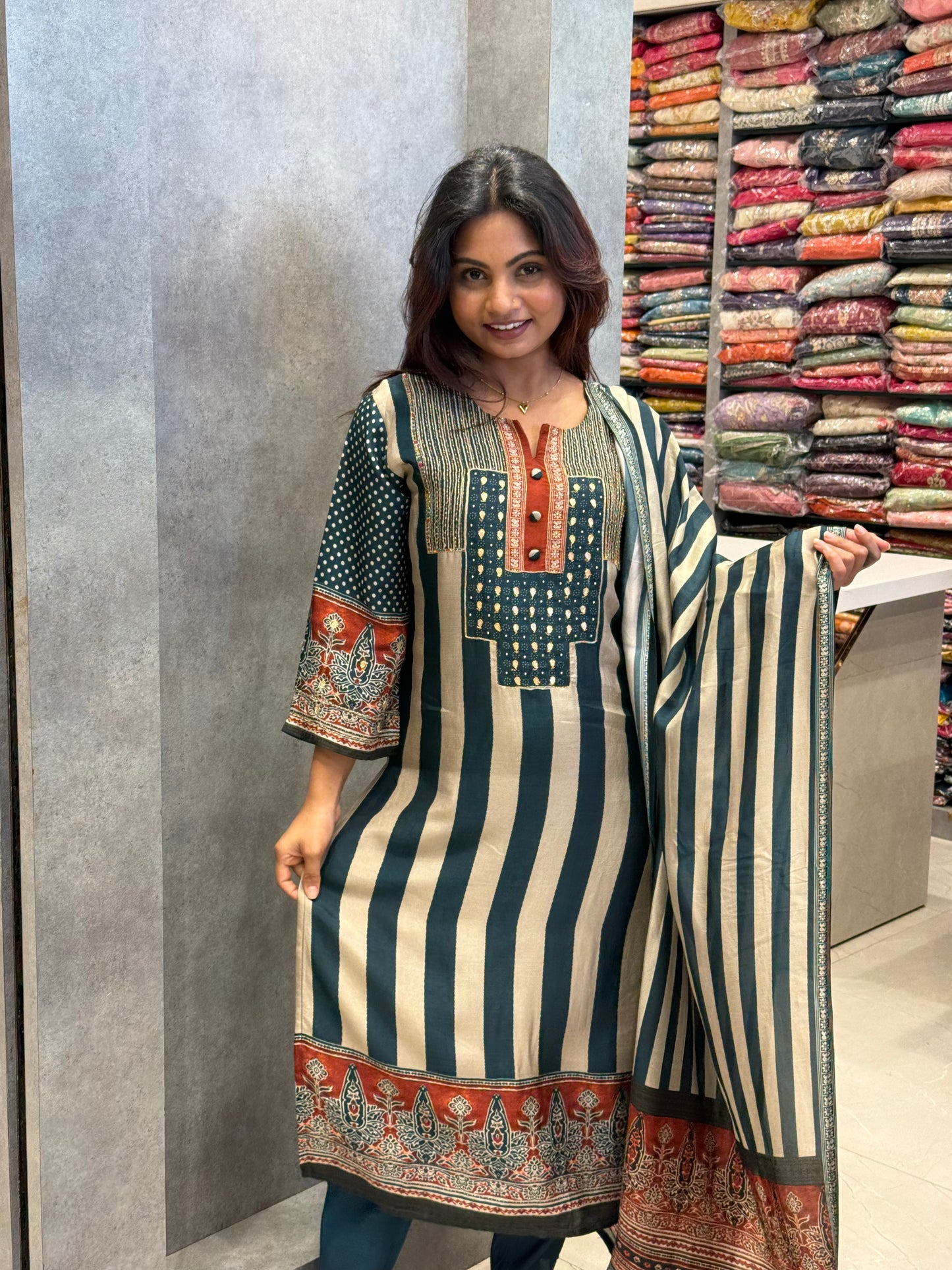 Teal Striped Muslin Suit Set