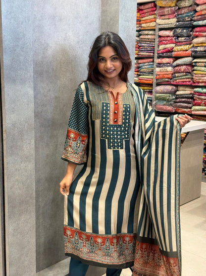 Teal Striped Muslin Suit Set