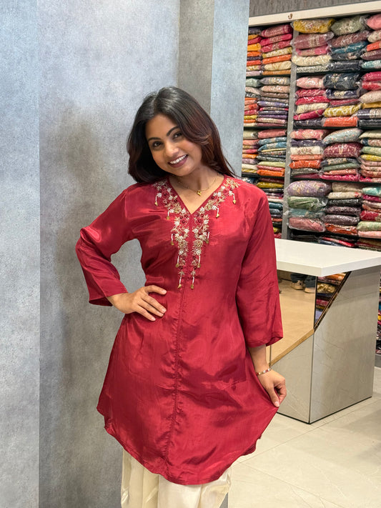 Maroon Crepe Silk Dhoti Set