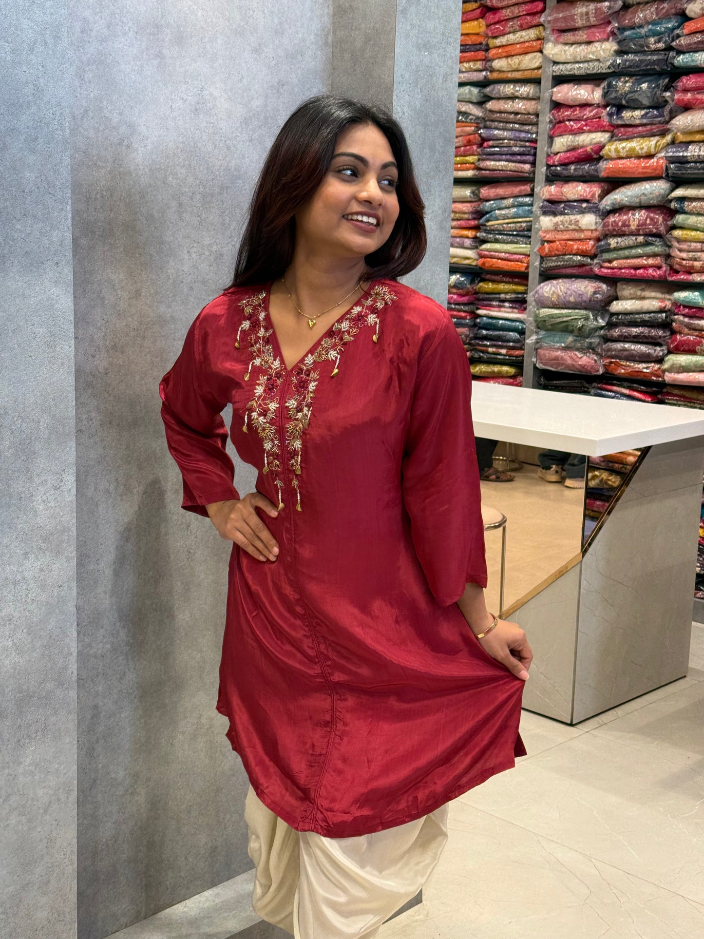 Maroon Crepe Silk Dhoti Set