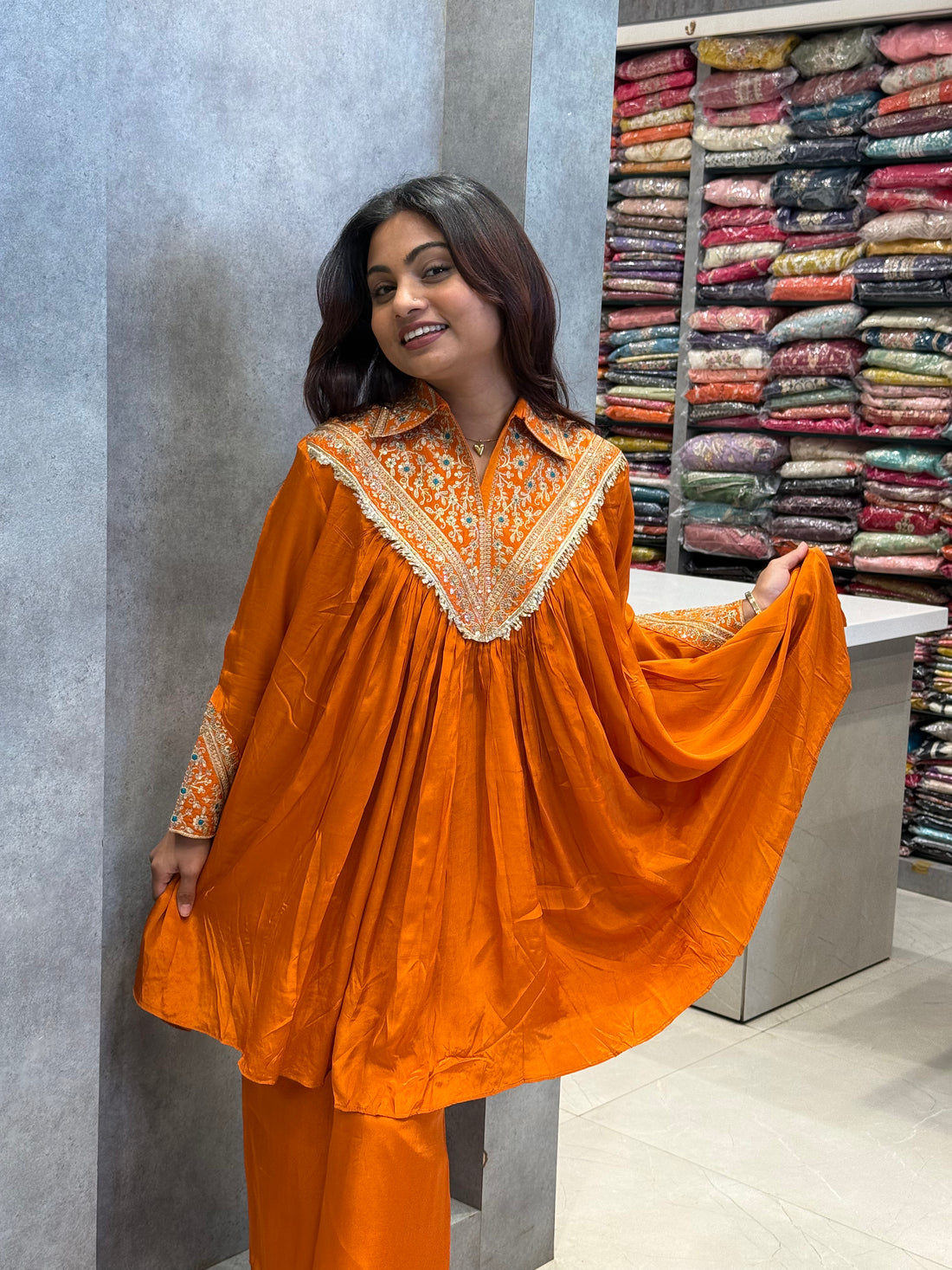 Amber Flowy Silk Embroidered Co-ord Set