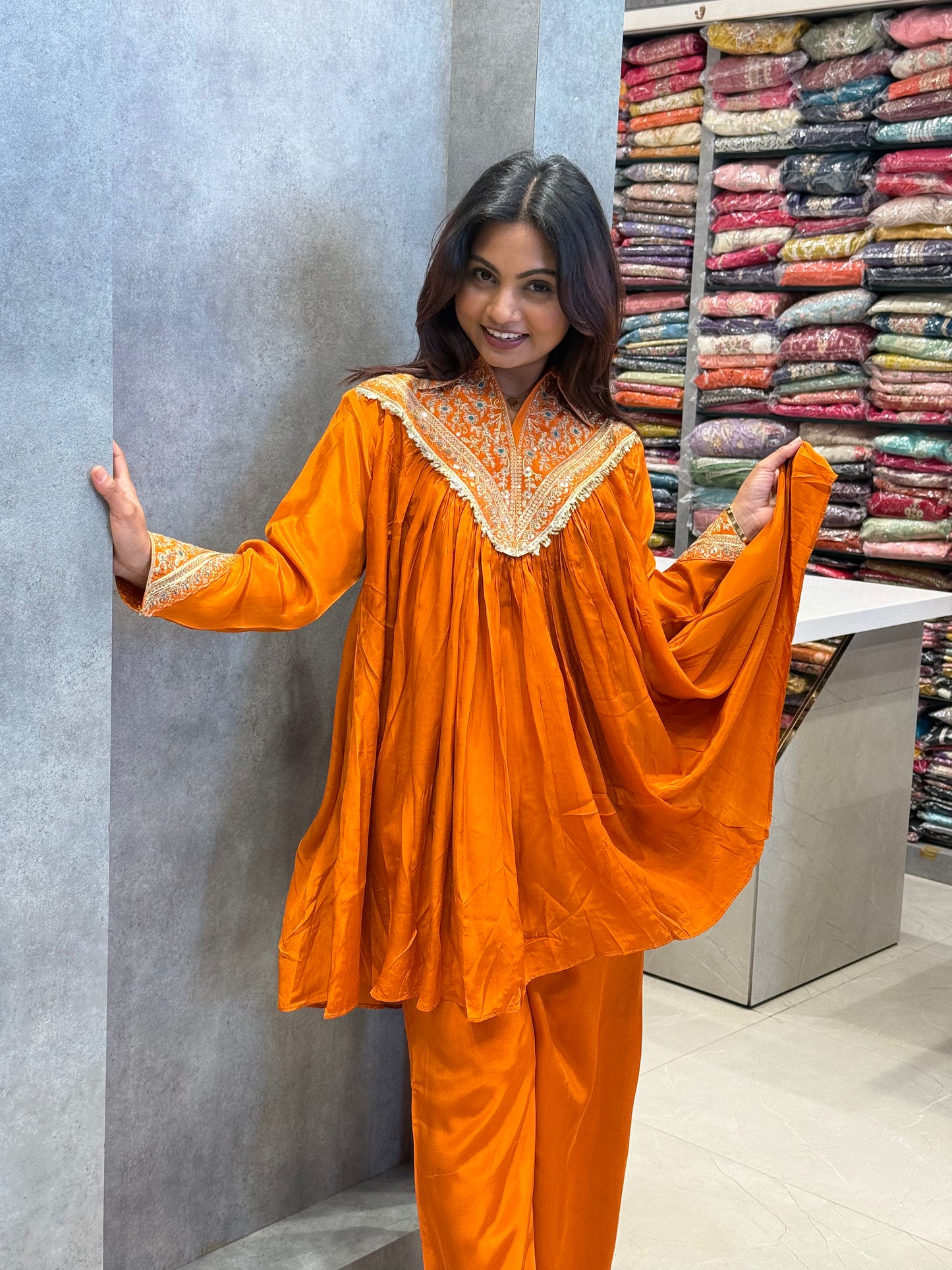 Amber Flowy Silk Embroidered Co-ord Set