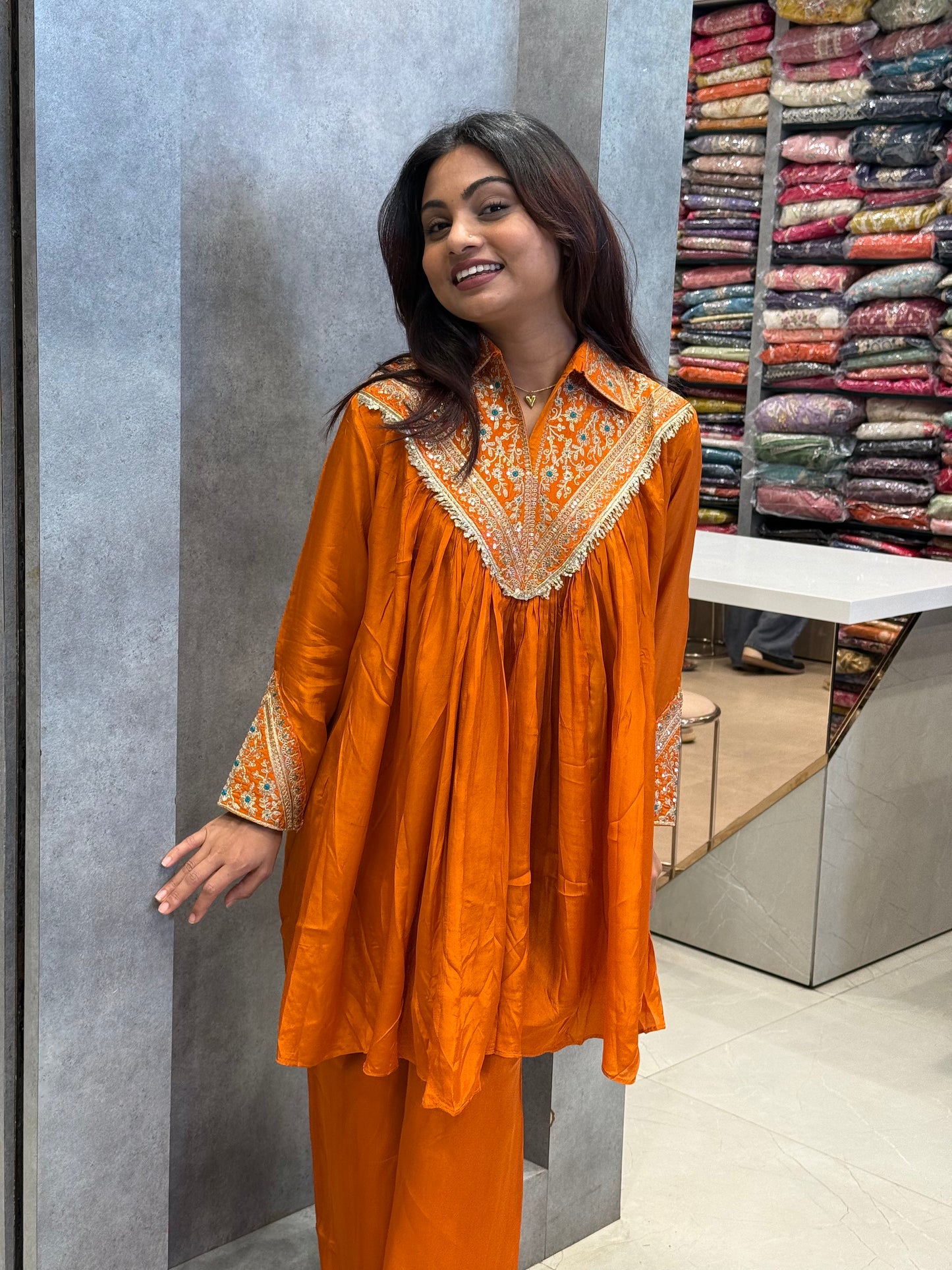 Amber Flowy Silk Embroidered Co-ord Set
