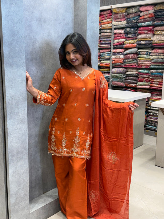Rust: Hand-Embroidered Dola Silk Suit Set