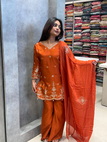 Rust: Hand-Embroidered Dola Silk Suit Set