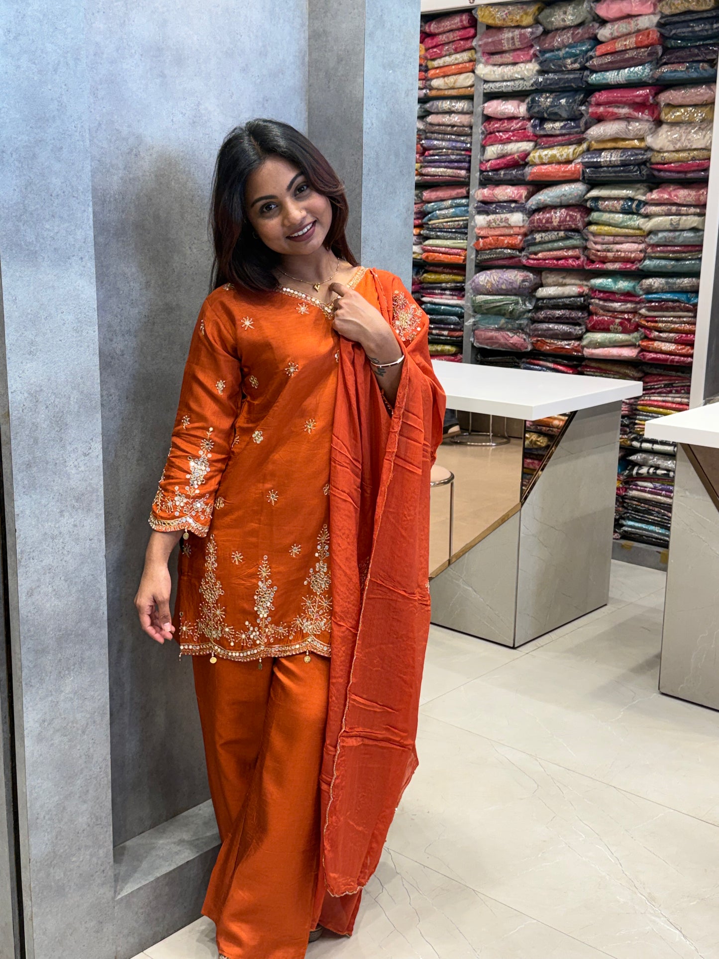 Rust: Hand-Embroidered Dola Silk Suit Set
