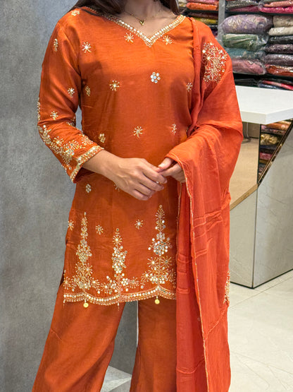 Rust: Hand-Embroidered Dola Silk Suit Set