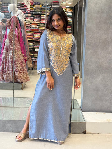 Gold-Embroidered Soft Denim Kaftan Dress
