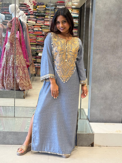 Gold-Embroidered Soft Cotton Dress