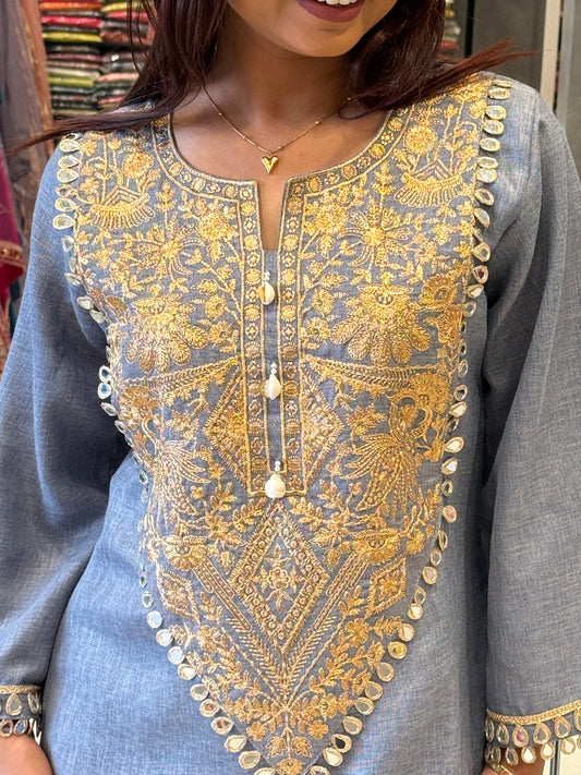Gold-Embroidered Soft Cotton Dress