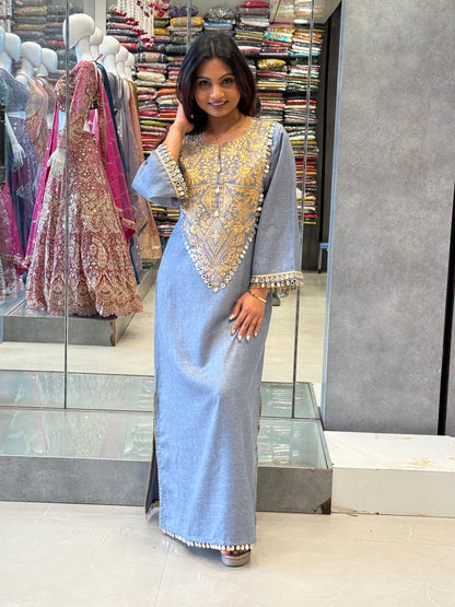 Gold-Embroidered Soft Cotton Dress