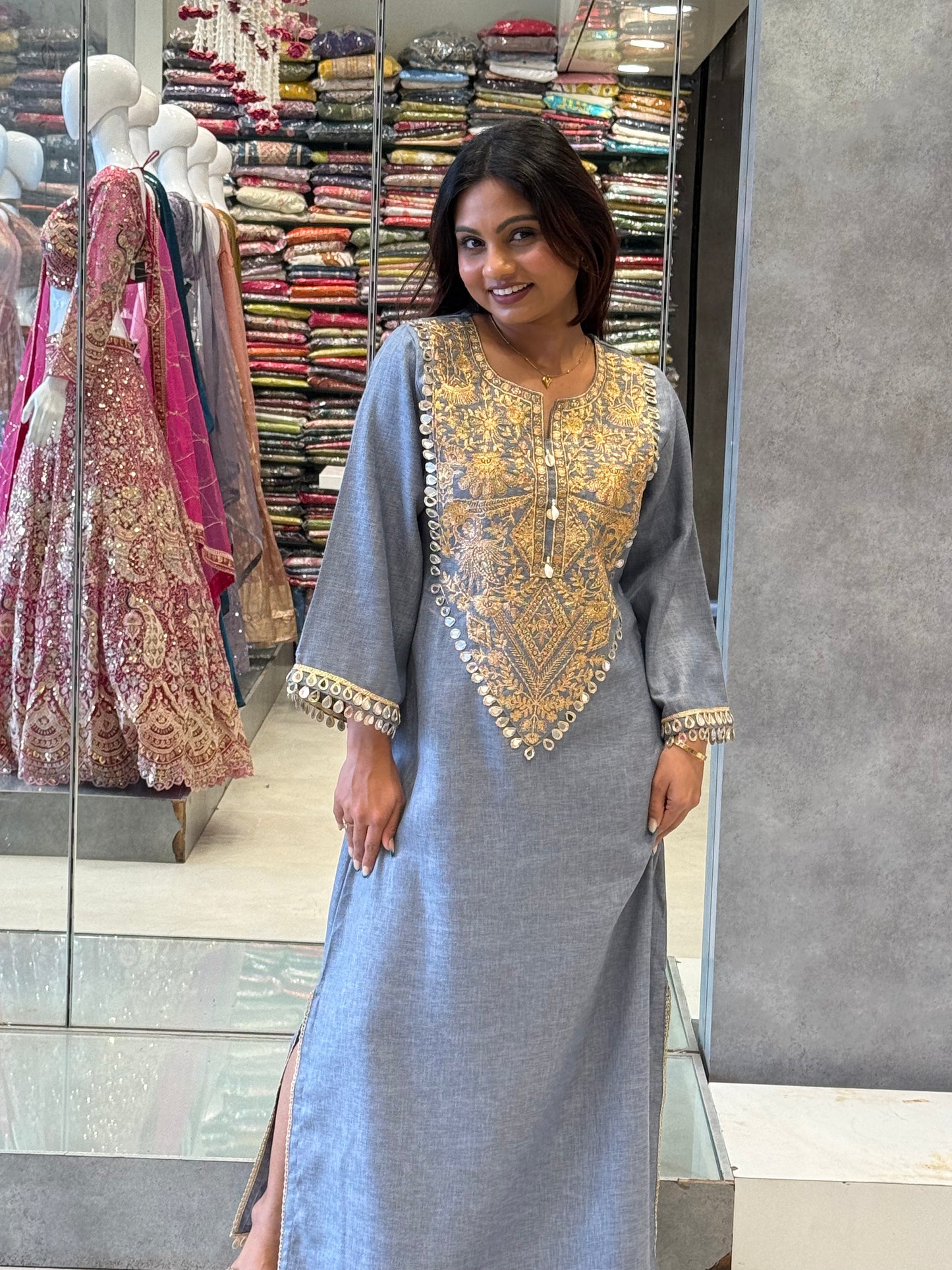 Gold-Embroidered Soft Cotton Dress
