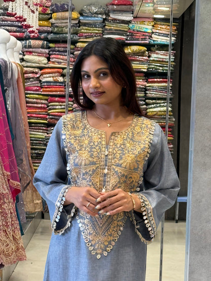 Gold-Embroidered Soft Cotton Dress