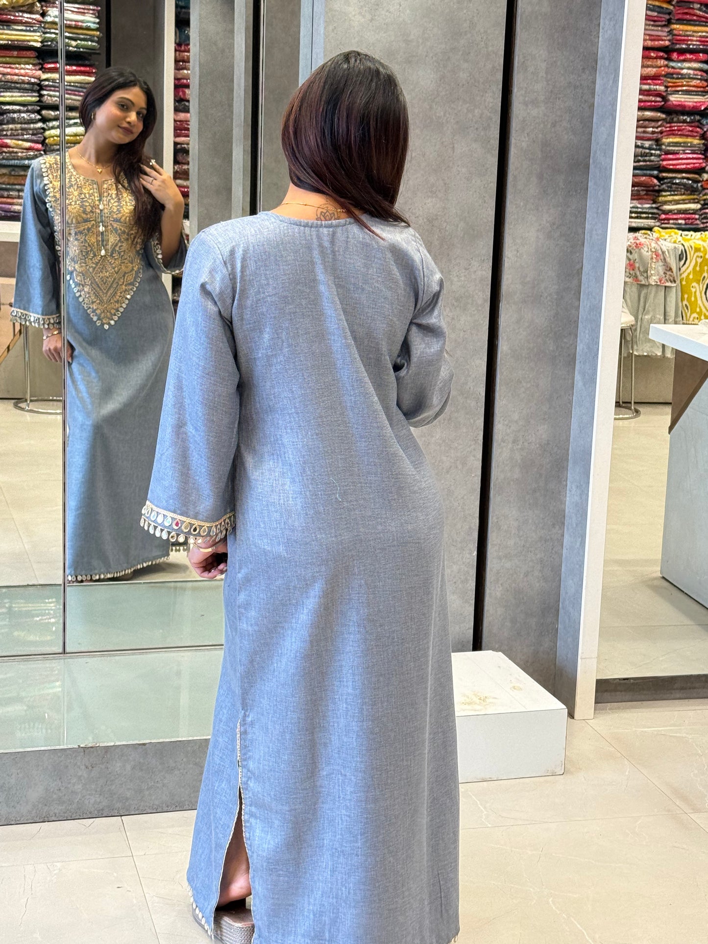 Gold-Embroidered Soft Cotton Dress