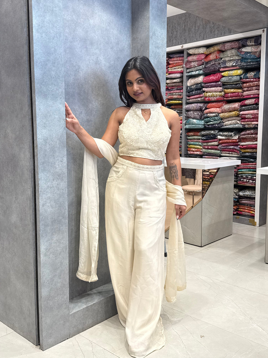 Ivory Georgette Silk Halter-Neck Palazzo Set