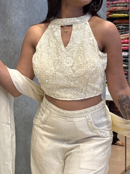 Ivory Georgette Silk Halter-Neck Palazzo Set
