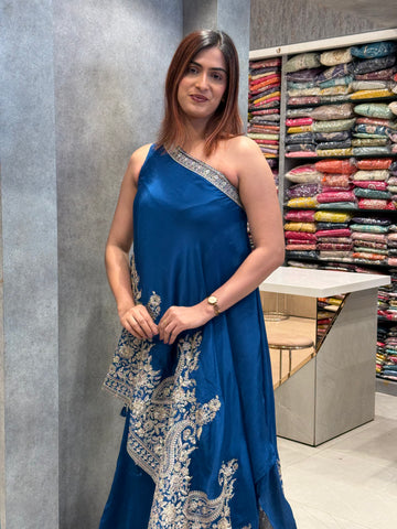 Imperial Teal One-Shoulder Silk Tunic Set
