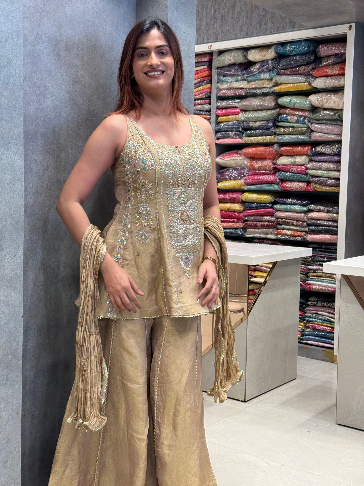Golden Aura Hand-Embroidered Pure Silk Sharara Set