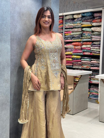 Golden Aura Hand-Embroidered Pure Silk Sharara Set