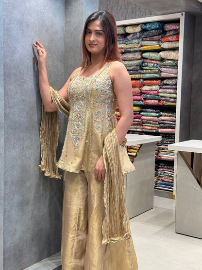Golden Aura Hand-Embroidered Pure Silk Sharara Set