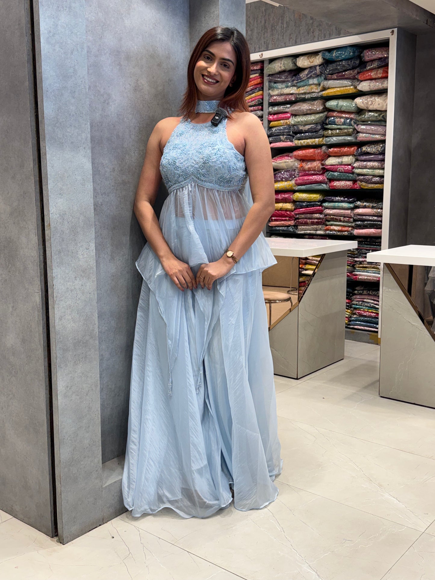 Ice Blue Radiance: Tissue Silk Set with Tonal Embroidery