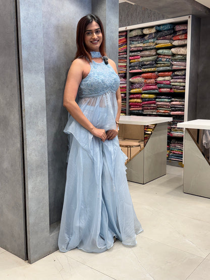 Ice Blue Radiance: Tissue Silk Set with Tonal Embroidery