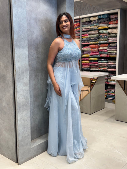 Ice Blue Radiance: Tissue Silk Set with Tonal Embroidery