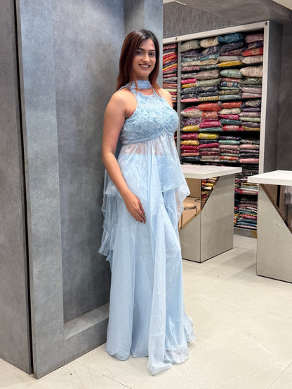 Ice Blue Radiance: Tissue Silk Set with Tonal Embroidery