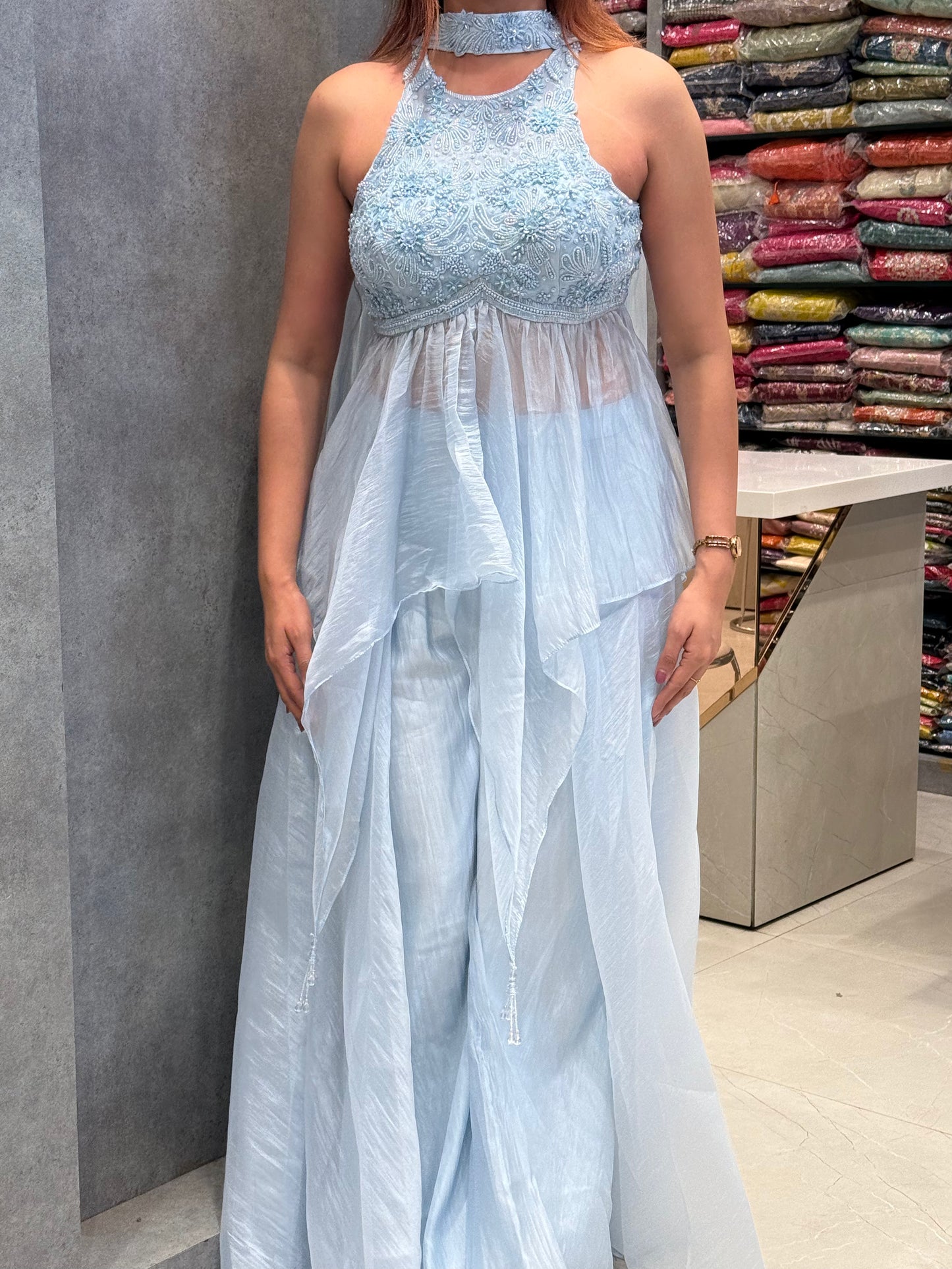 Ice Blue Radiance: Tissue Silk Set with Tonal Embroidery