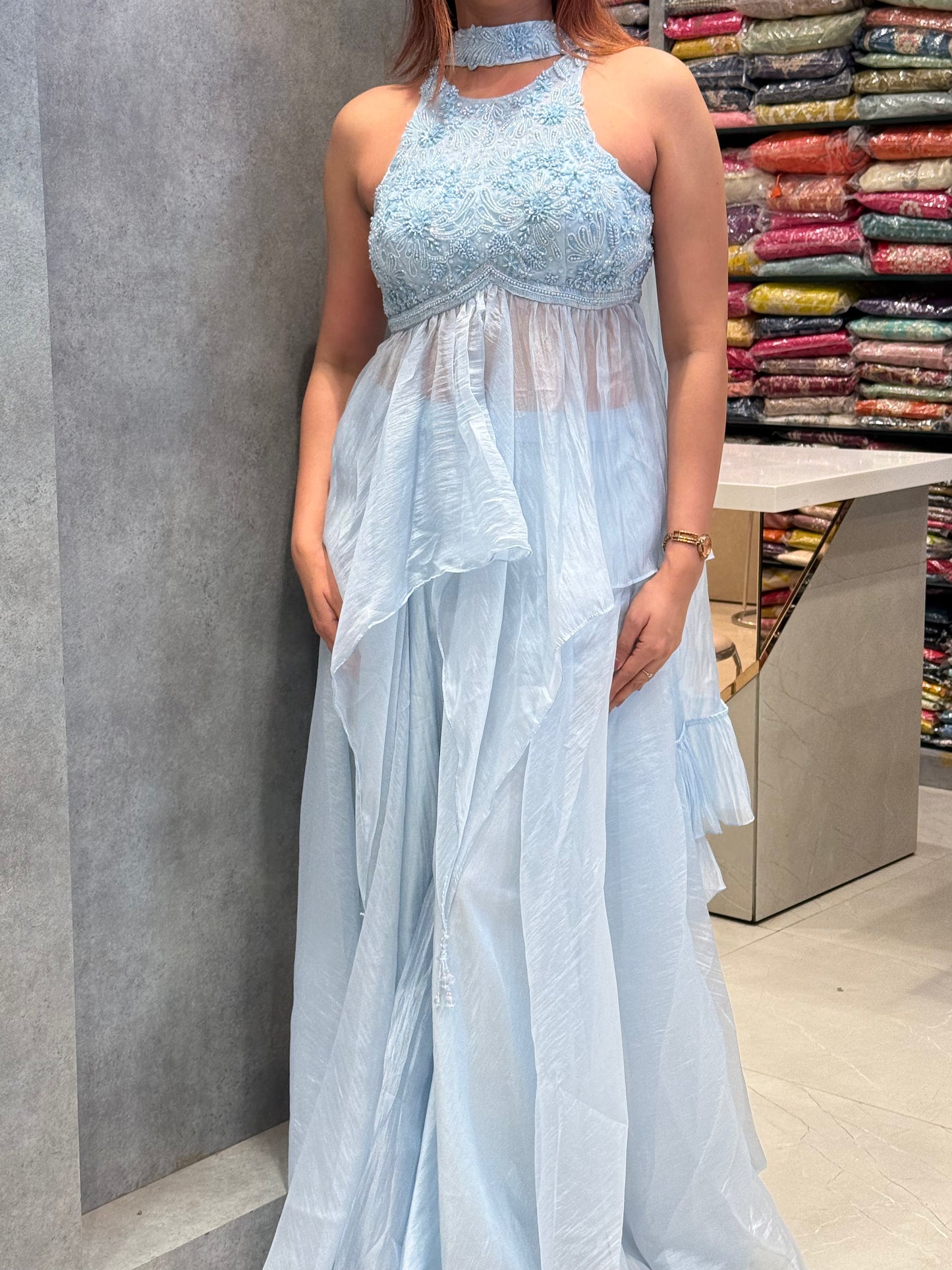 Ice Blue Radiance: Tissue Silk Set with Tonal Embroidery