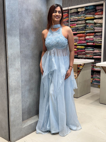 Ice Blue Radiance: Tissue Silk Set with Tonal Embroidery
