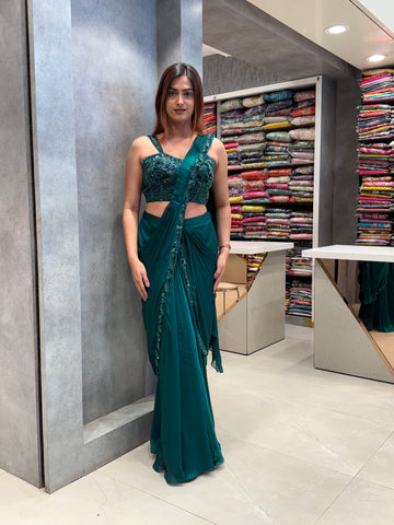 Midnight Forest: Liquid Silk Ready-to-Wear Saree