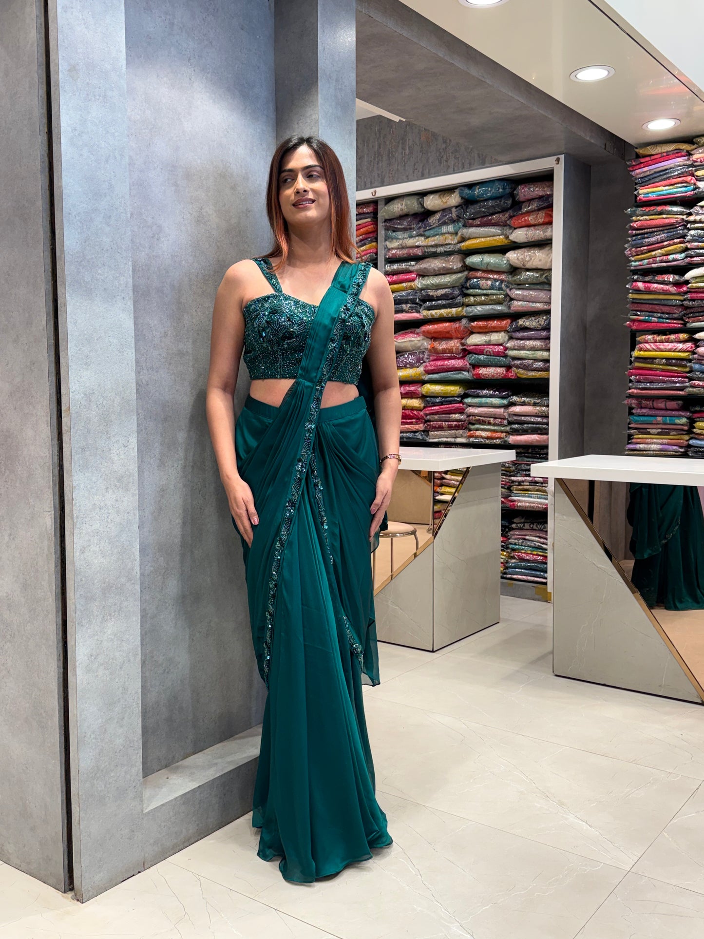 Midnight Forest: Liquid Silk Ready-to-Wear Saree