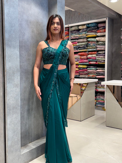 Midnight Forest: Liquid Silk Ready-to-Wear Saree