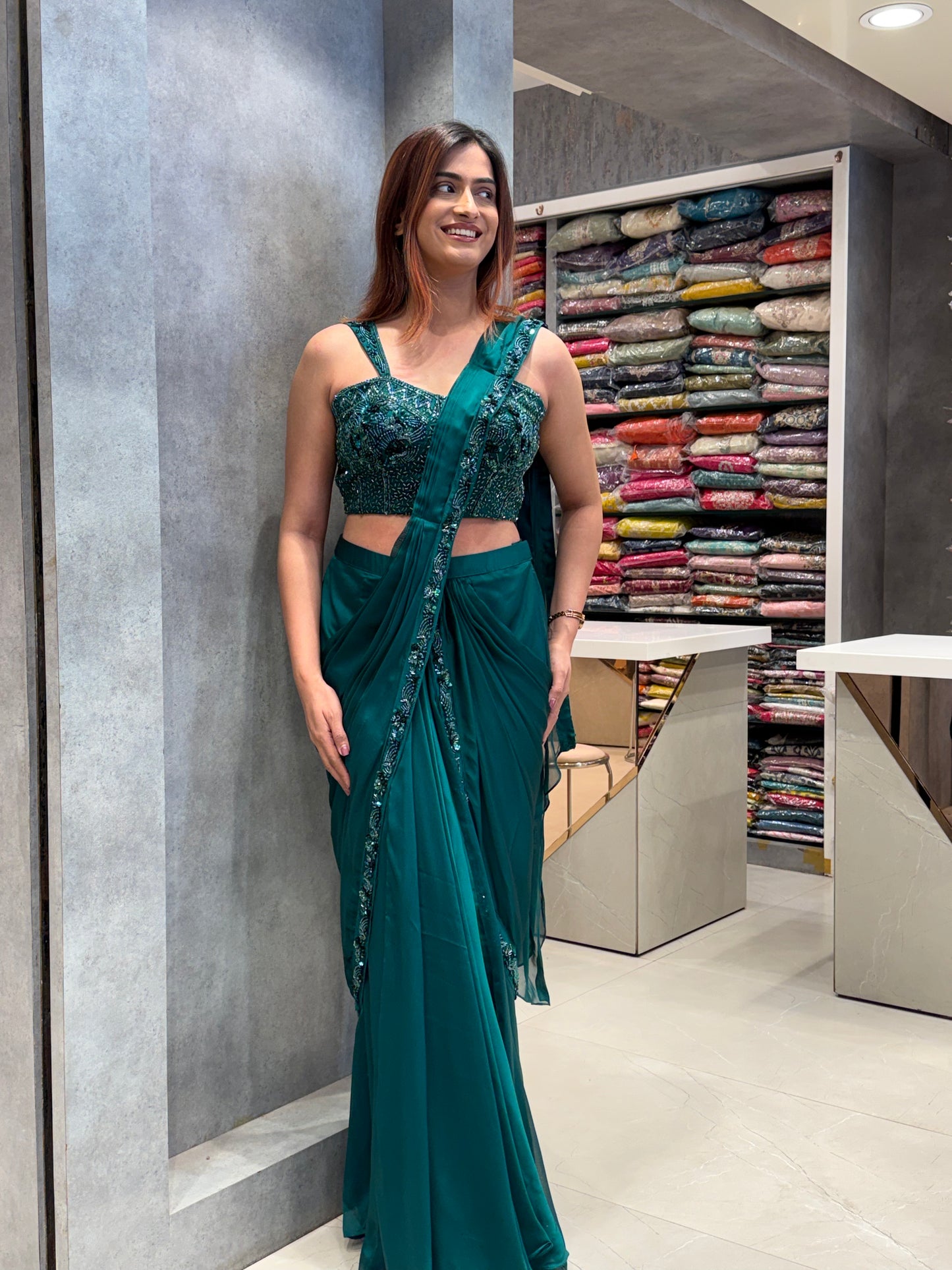 Midnight Forest: Liquid Silk Ready-to-Wear Saree