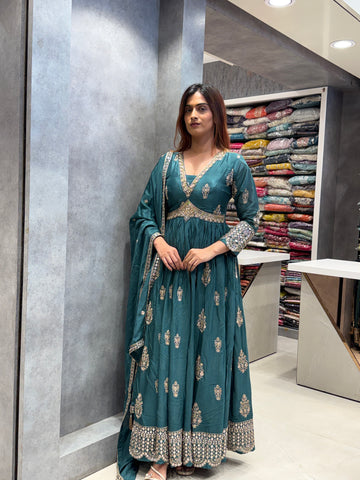 Teal Hand-Embroidered Silk Anarkali Set