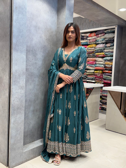Teal Hand-Embroidered Silk Anarkali Set