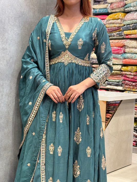 Teal Hand-Embroidered Silk Anarkali Set